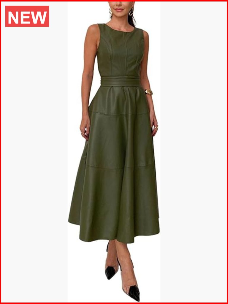 Pu Faux Leather Sleeveless Long Dress With Belt For Party Night Out